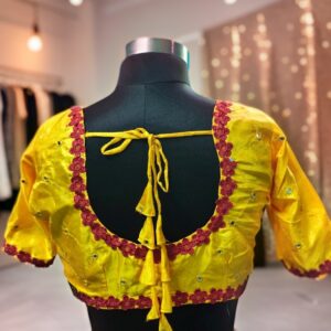 Yellow Boat Neck Fall Mirror Work Blouse || Round Cut back