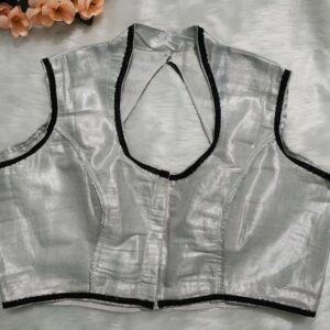 Silver Sleeveless Brocket Blouse || Halter Neck  back